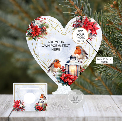 Christmas robin memorial tealight holder with own wording and photograph