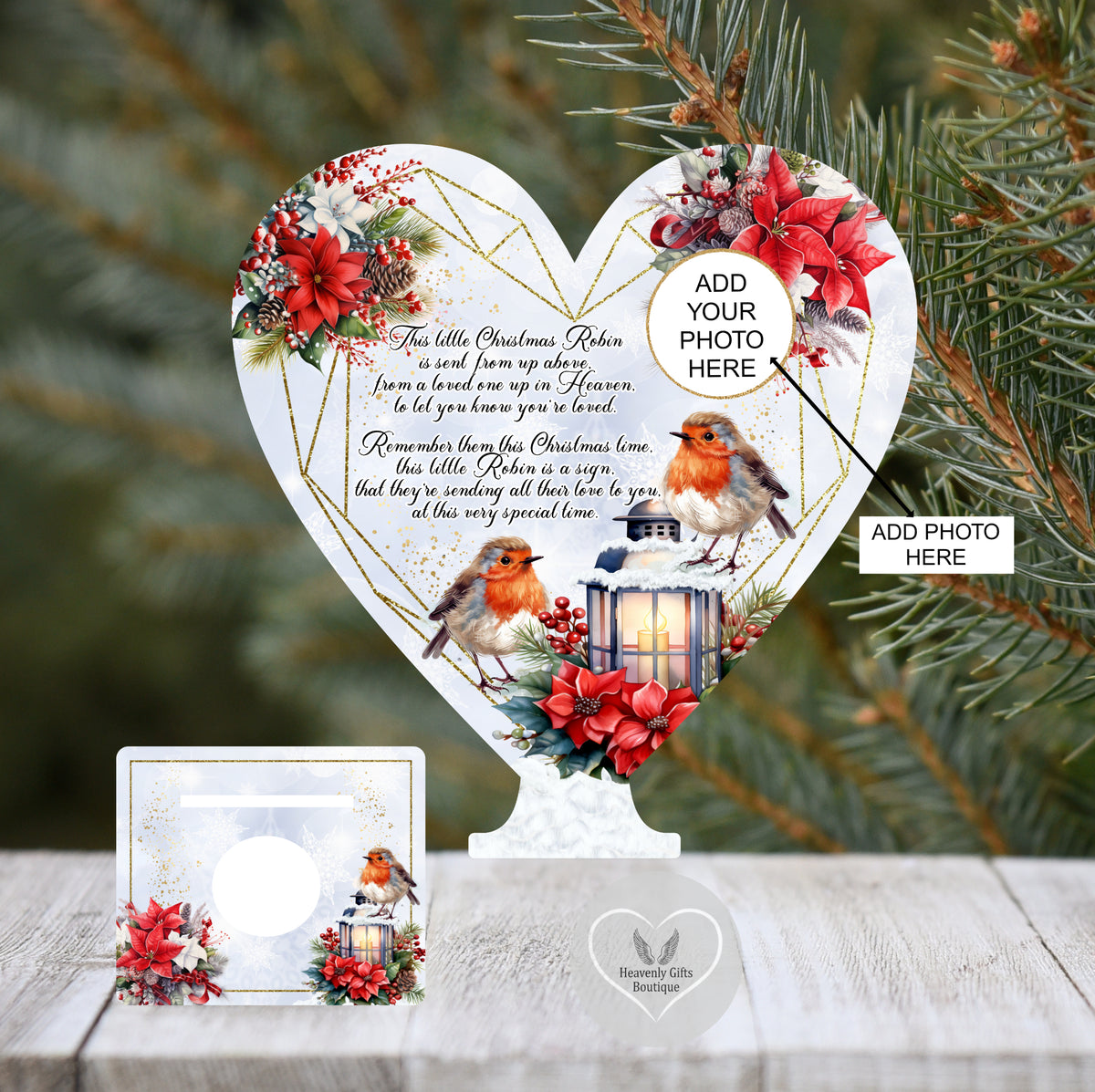 Christmas robin memorial tealight holder with poem and photograph