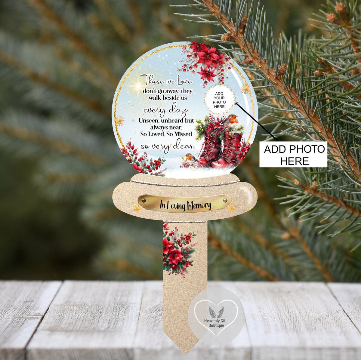 Christmas snow globe grave marker with poem and photograph