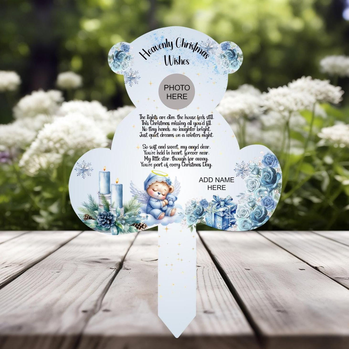 Christmas teddy bear memorial grave marker with photo option