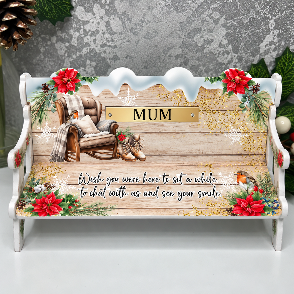 Christmas memorial bench with Wish You Were Here wording, rocking chair and robins