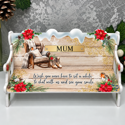 Christmas memorial bench with Wish You Were Here wording, rocking chair and robins