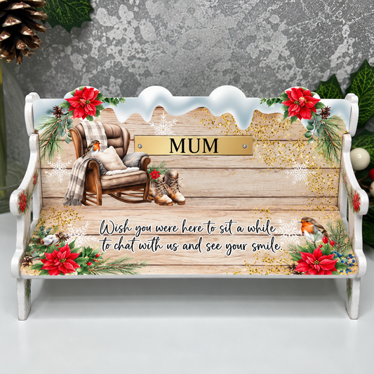 Christmas memorial bench with Wish You Were Here wording, rocking chair and robins