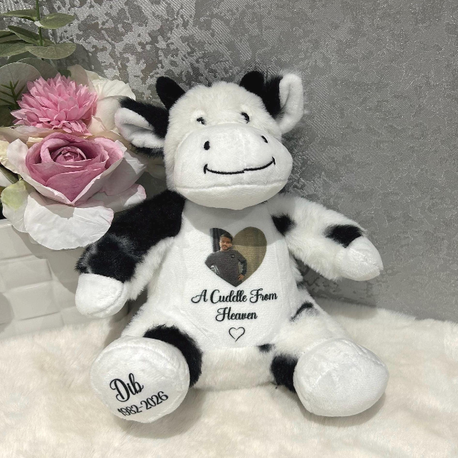 Cow memorial teddy personalised with photo and remembrance message