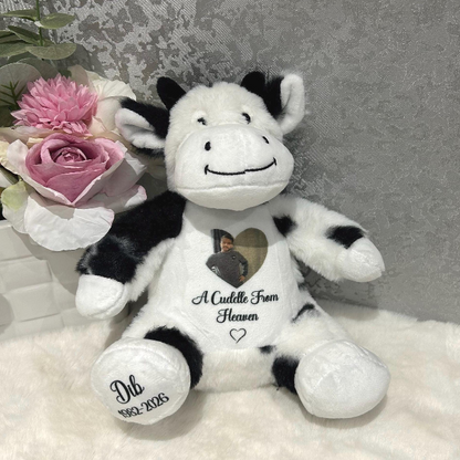 Cow memorial teddy personalised with photo and remembrance message