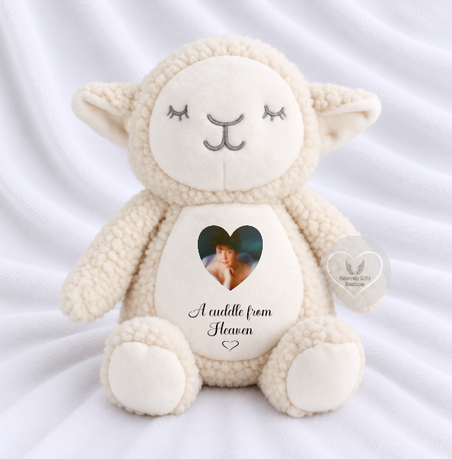 Curly lamb memorial teddy bear personalised with photo and remembrance wording