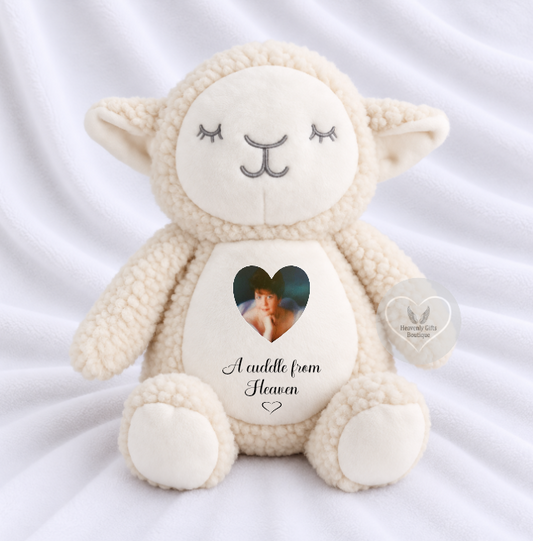 Curly lamb memorial teddy bear personalised with photo and remembrance wording
