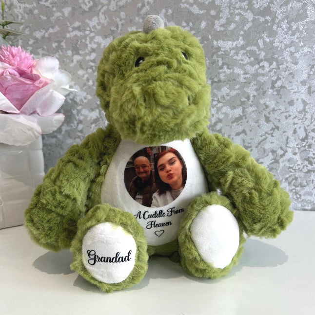 Dinosaur memorial bear personalised with photograph and wording