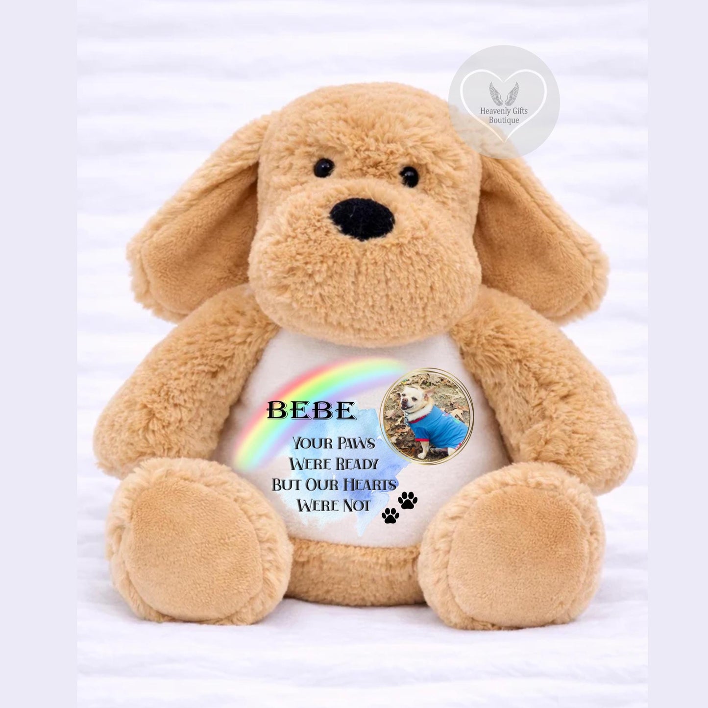Dog memorial plush keepsake with personalised photo and wording