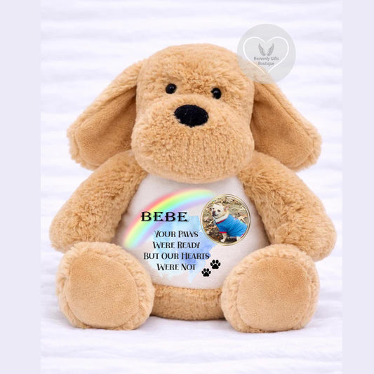 Dog memorial plush keepsake with personalised photo and wording