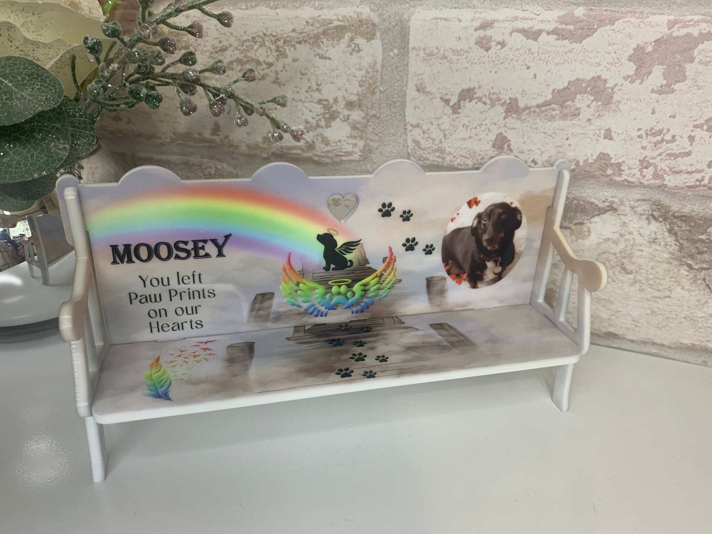 Dog pet memorial bench with rainbow design and personalised details