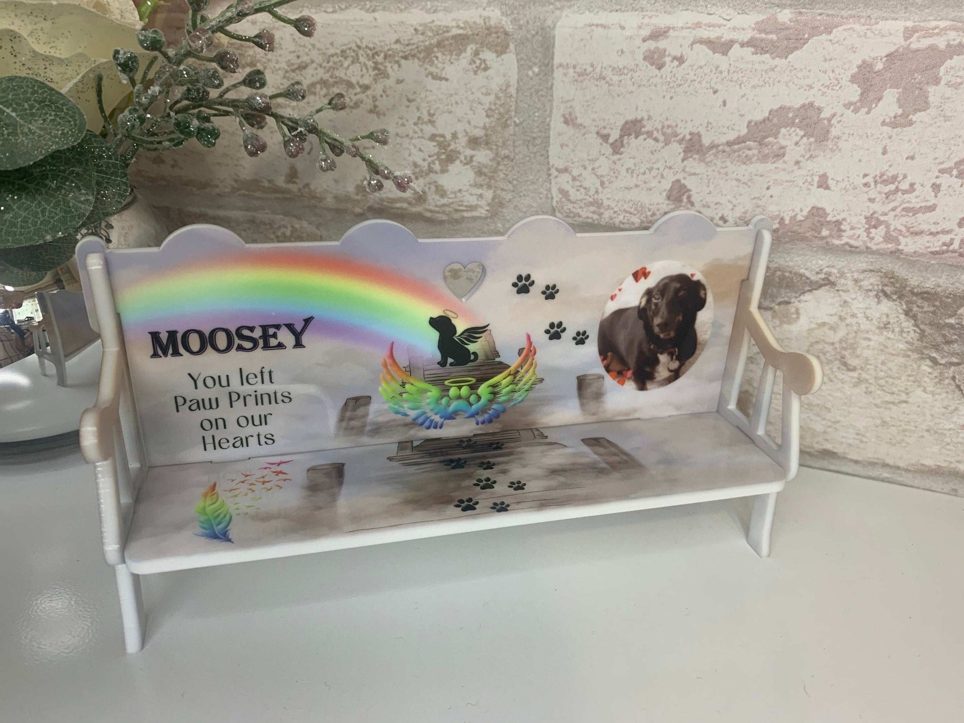 Dog pet memorial bench with rainbow design and personalised details