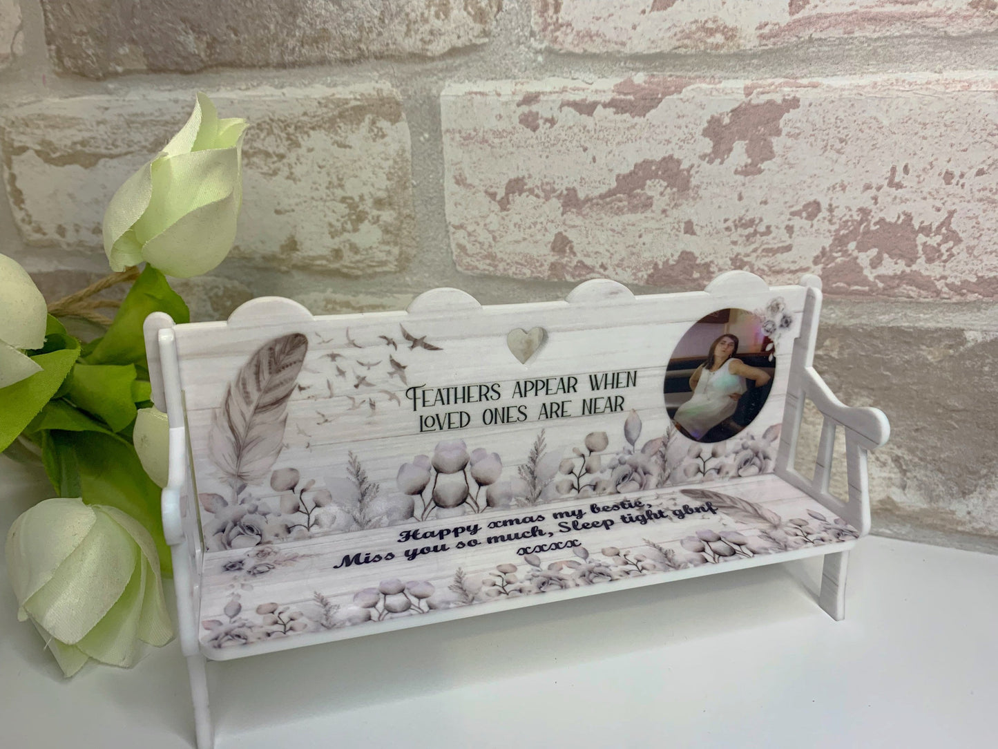 Feathers Appear memorial bench keepsake personalised for a loved one