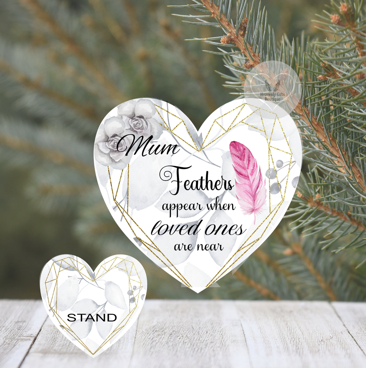 Feathers Appear memorial heart plaque personalised for Mum
