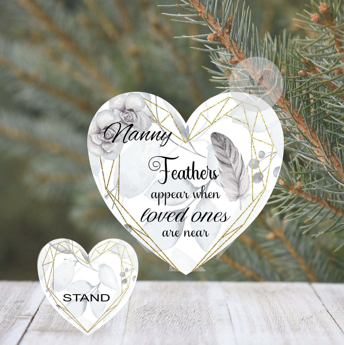 Feathers Appear memorial heart plaque personalised for Nanny