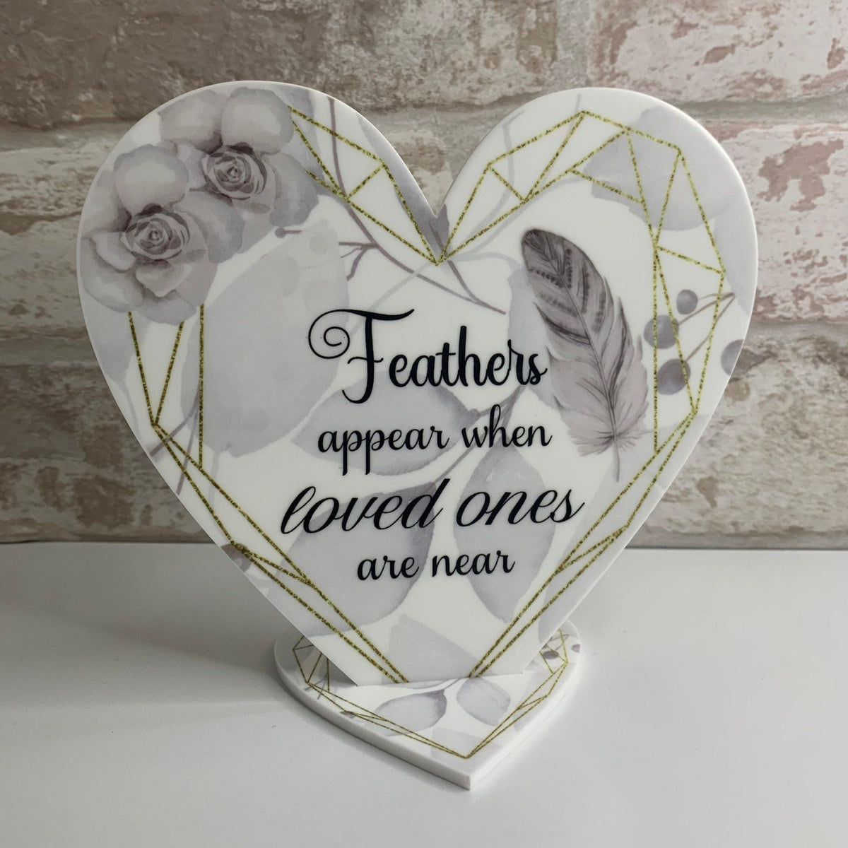 Feathers Appear memorial heart plaque personalised with a loved one's name