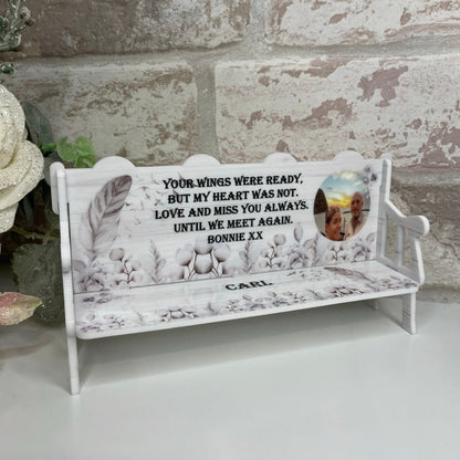 Personalised Feathers Appear memorial bench with couple photo and Your Wings Were Ready remembrance wording