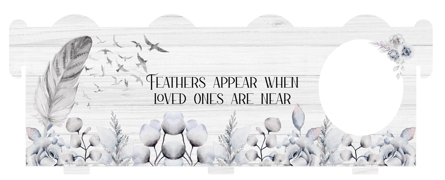 Feathers memorial bench with personalised wording and photograph