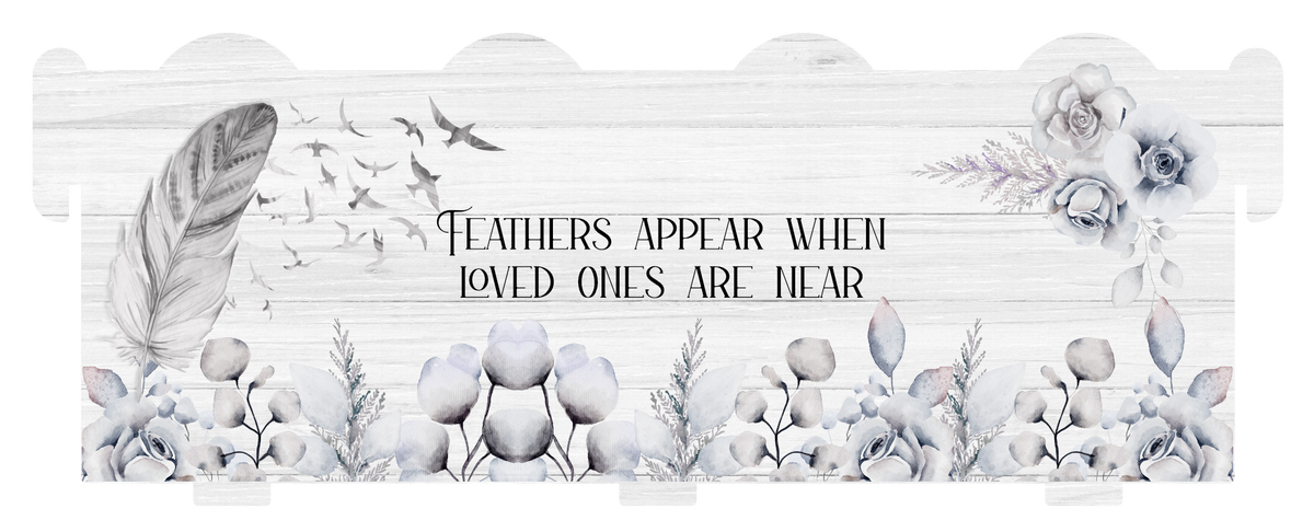 Feathers memorial bench keepsake with personalised remembrance wording