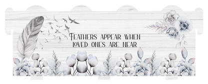 Feathers memorial bench keepsake with personalised remembrance wording