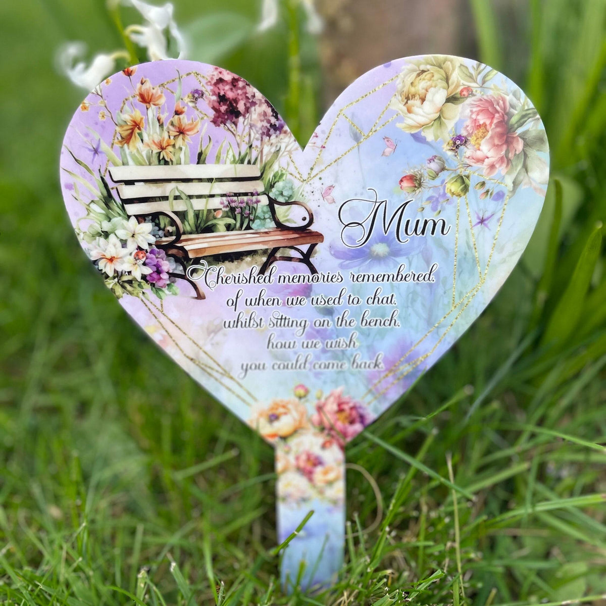 Floral bench memorial heart grave marker personalised remembrance tribute