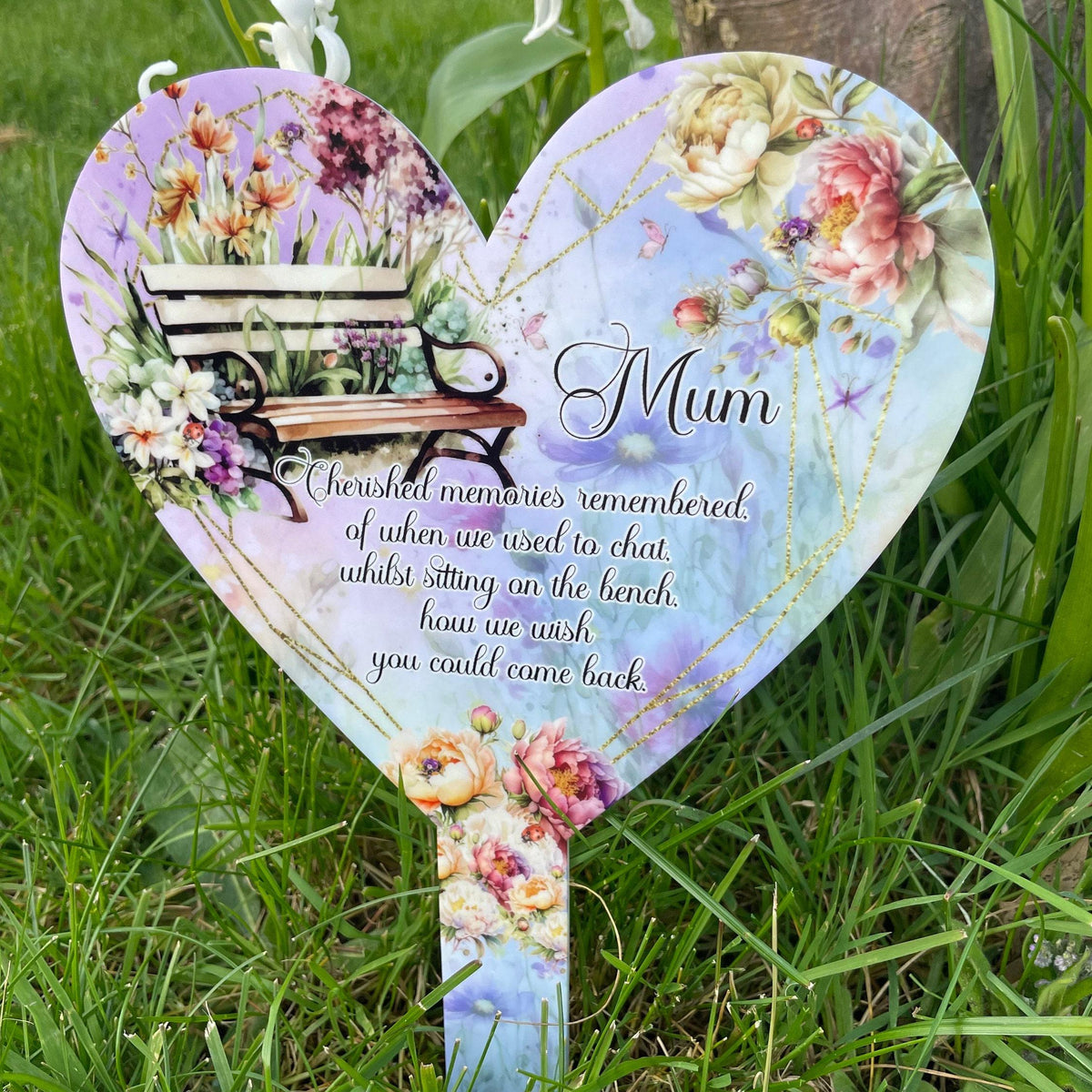 Floral bench remembrance grave marker for graveside or memorial garden