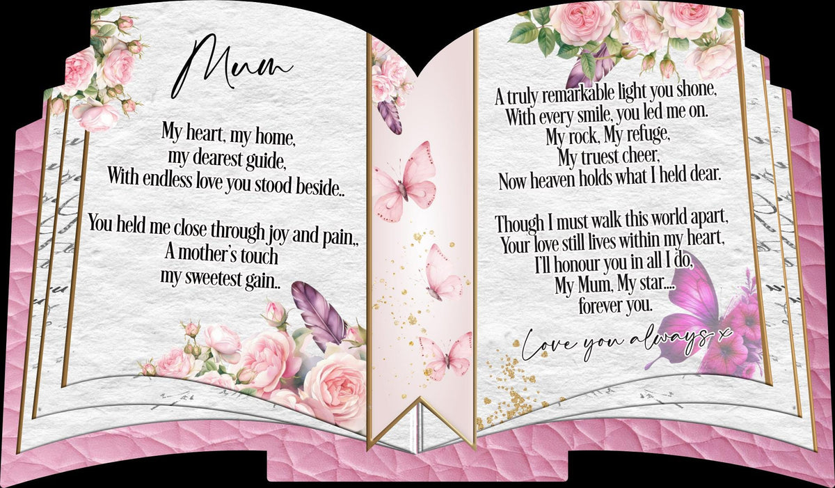 Floral and butterfly open book memorial plaque design