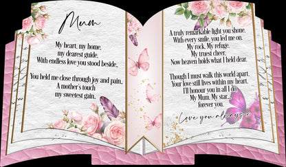 Floral and butterfly open book memorial plaque design