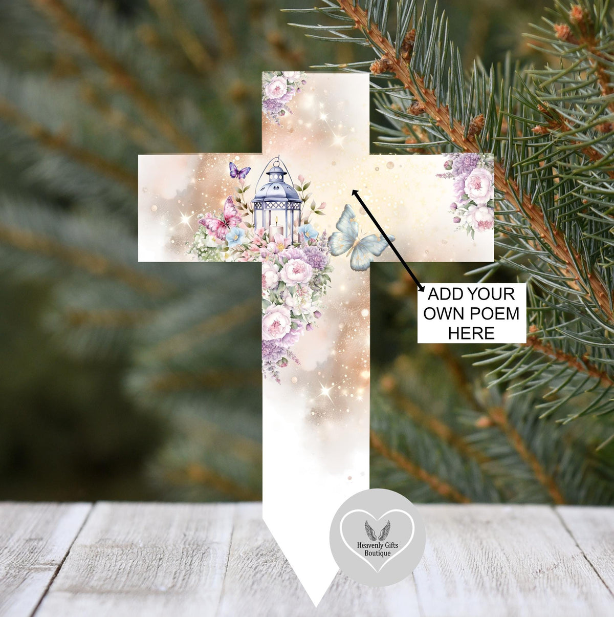 Floral memorial cross grave marker personalised with a treasured photo