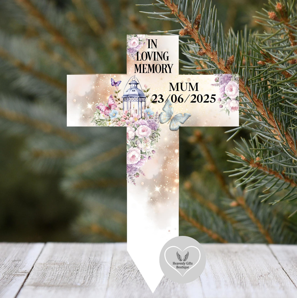 Floral photo memorial cross grave marker with butterflies and lantern details