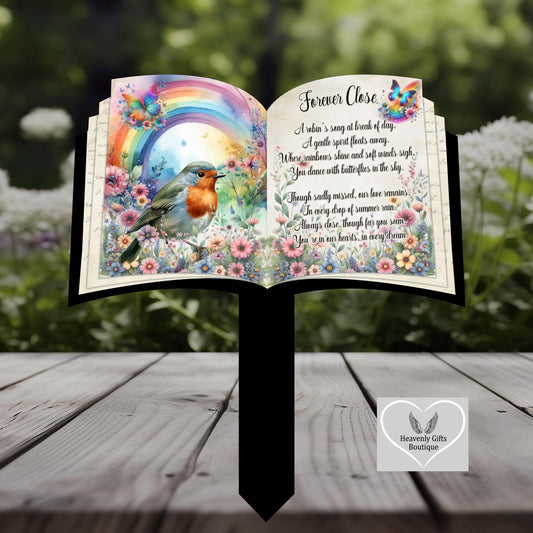 Floral rainbow robin open book memorial grave marker with remembrance poem