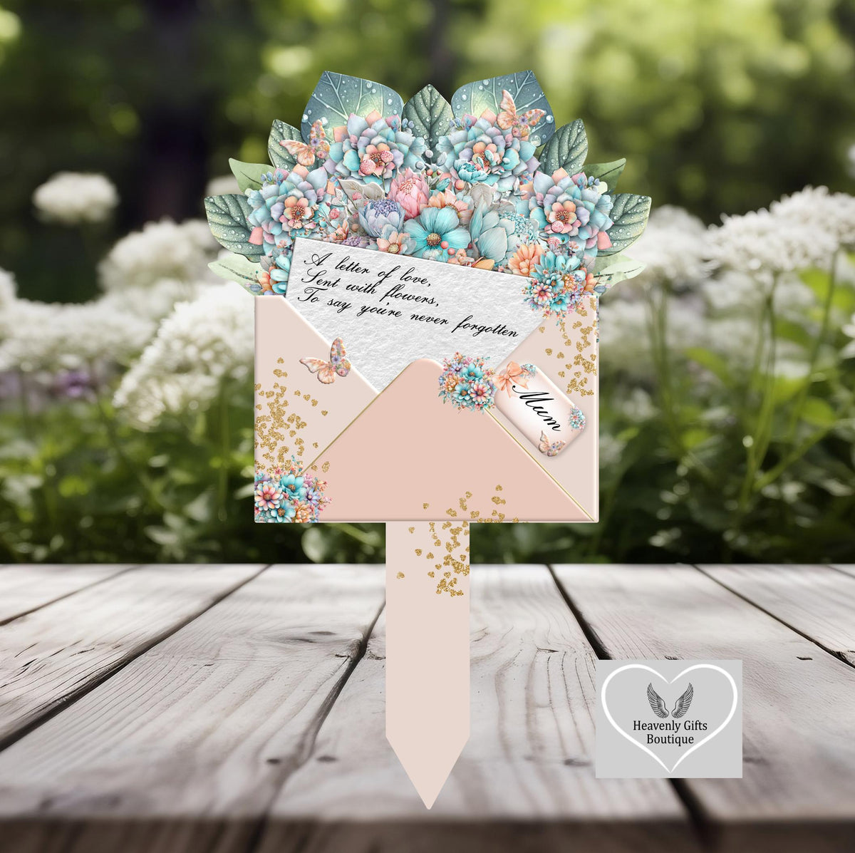 Flower bouquet memorial grave marker with personalised remembrance design