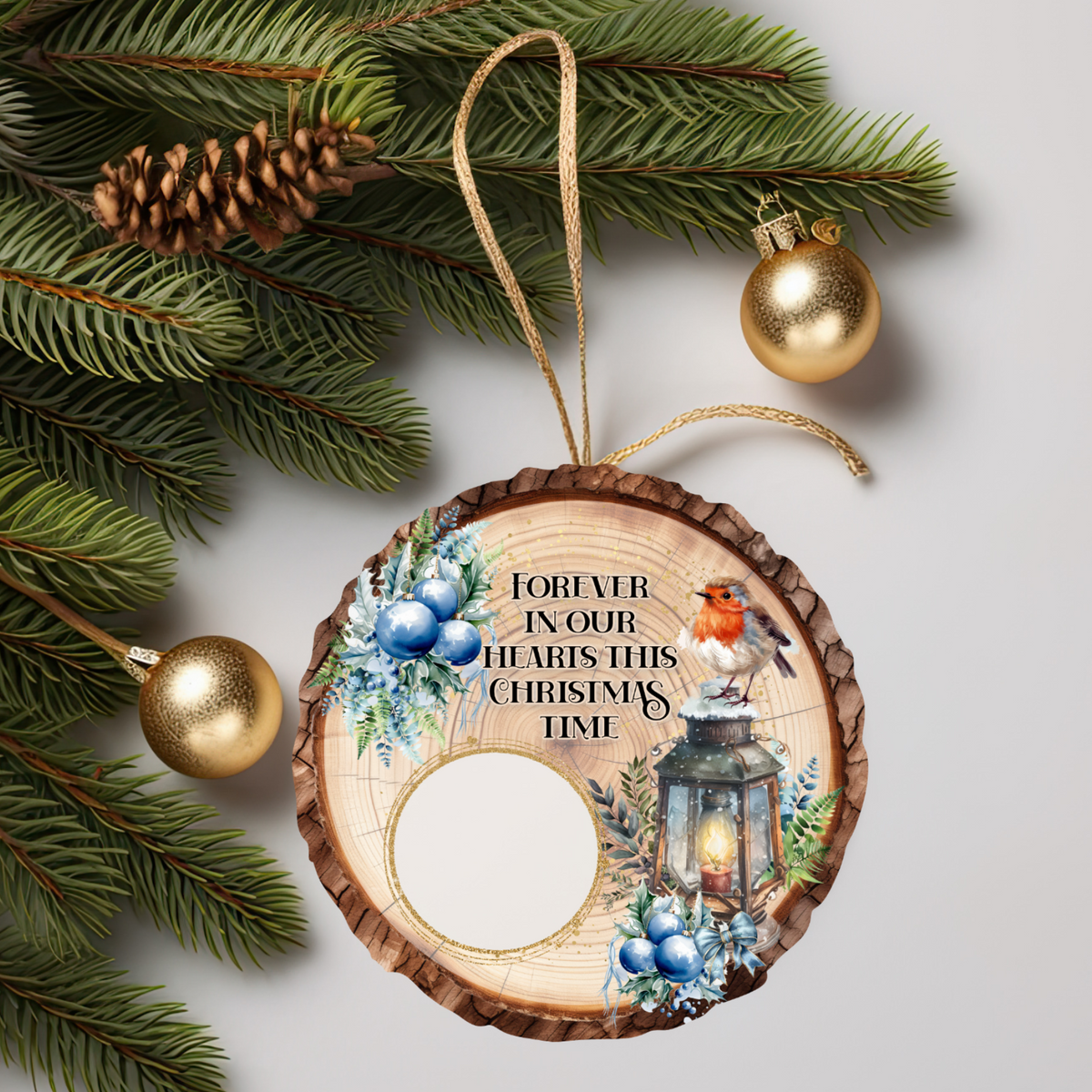 Forever In Our Hearts robin memorial bauble with photograph