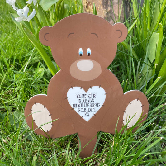 Brown teddy bear memorial grave marker personalised with name and remembrance quote