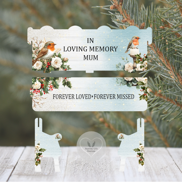 Forever Loved Forever Missed Christmas memorial bench with robins and white roses