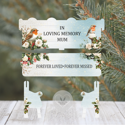 Forever Loved Forever Missed Christmas memorial bench with robins and white roses