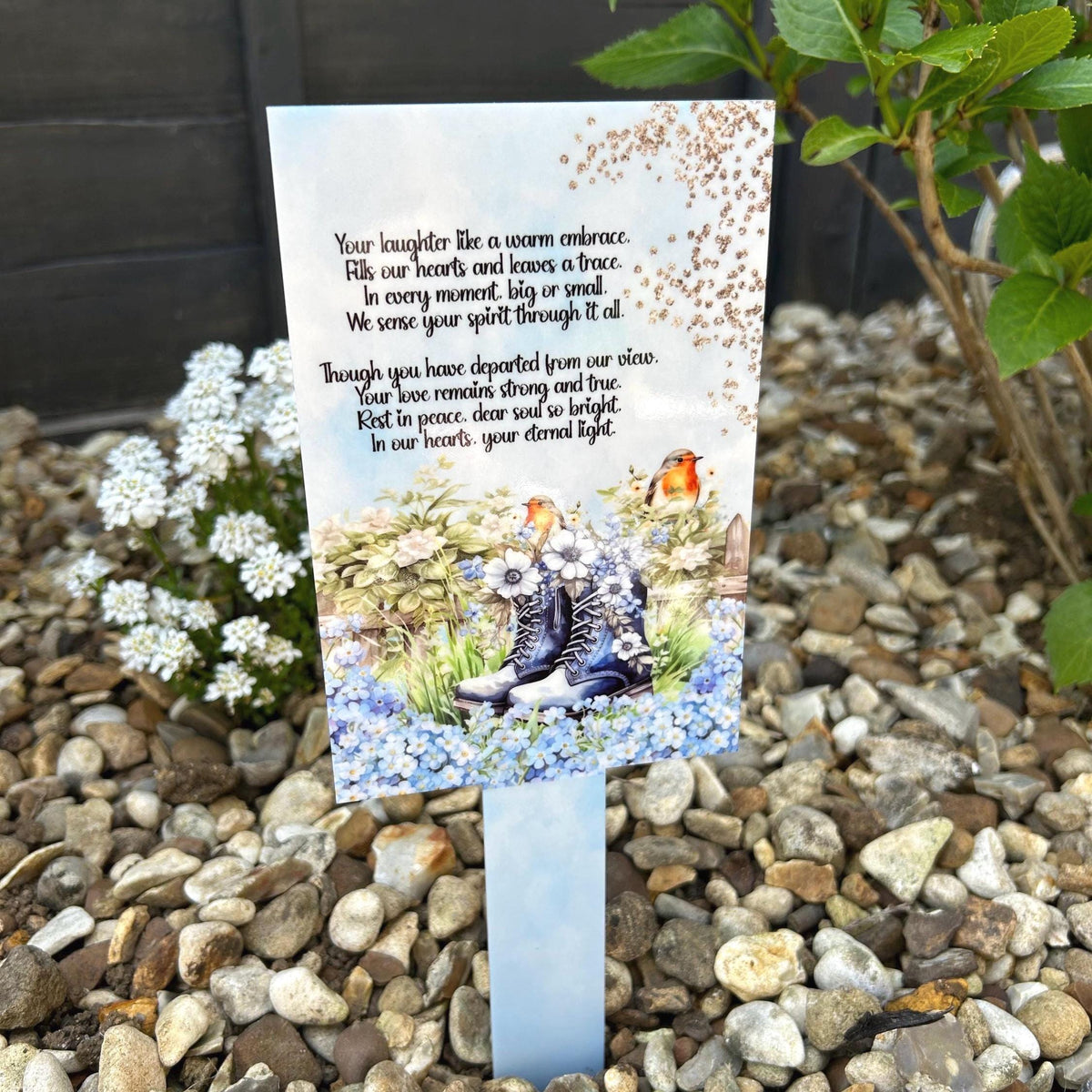 Forget Me Knot robin and boots memorial grave marker