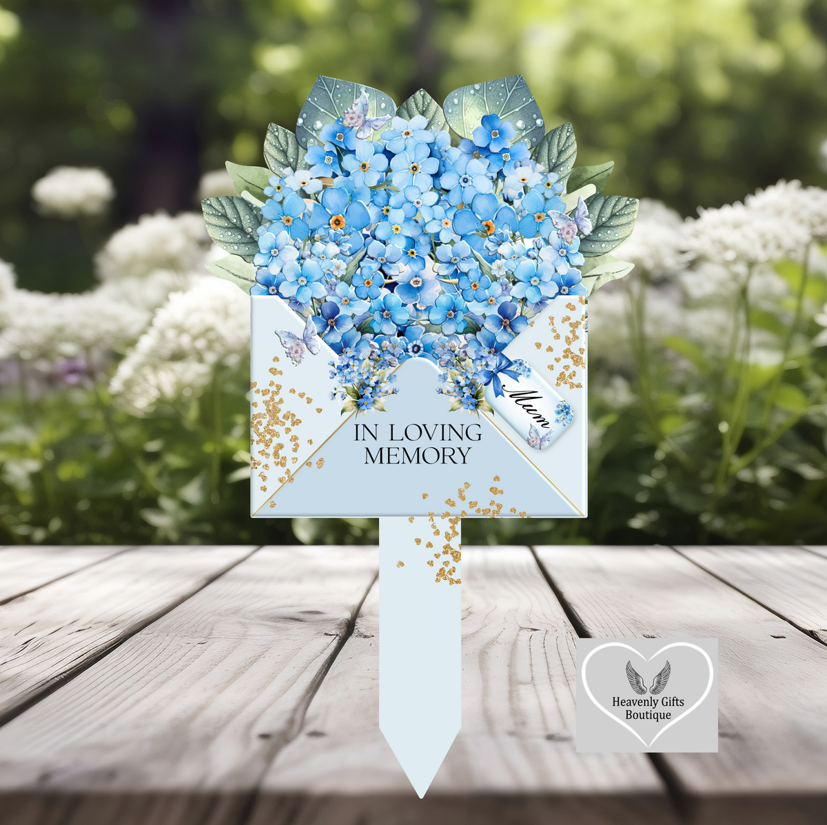 Blue forget-me-not grave marker with In Loving Memory design