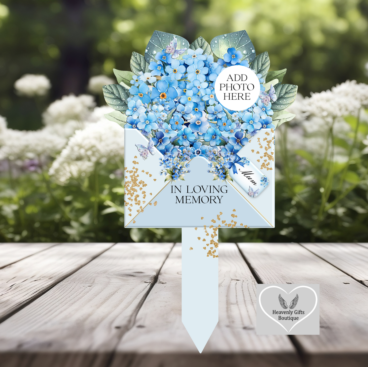 Forget-me-not In Loving Memory grave marker with personalised photograph