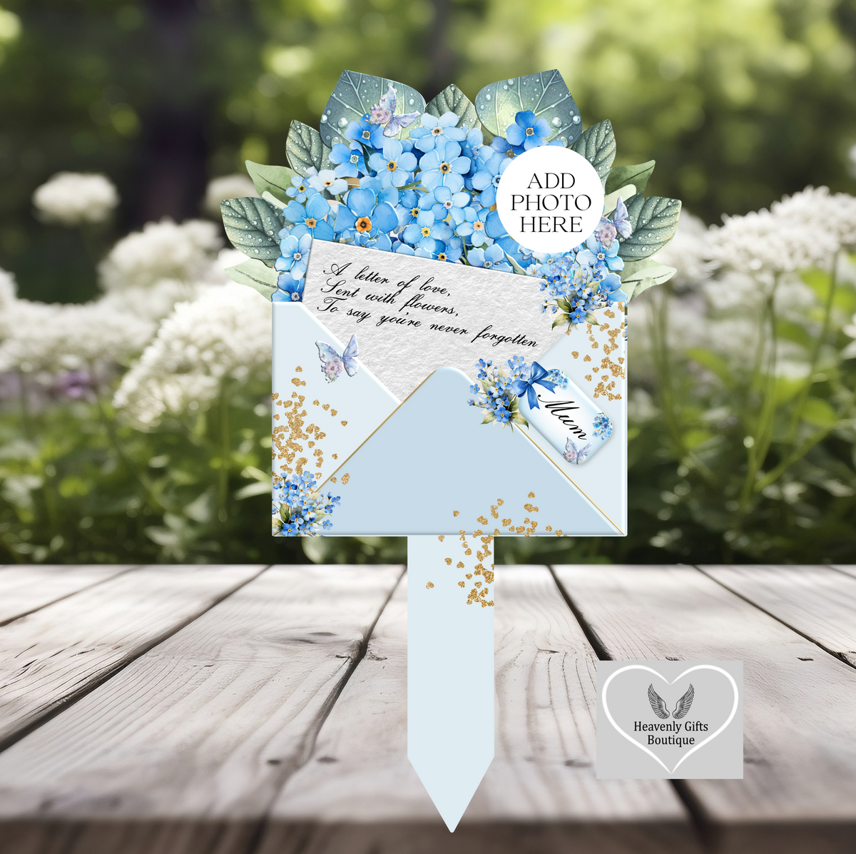 Forget-me-not Letter to Heaven grave marker with personalised photograph