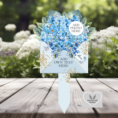Personalised forget-me-not memorial grave marker with photograph