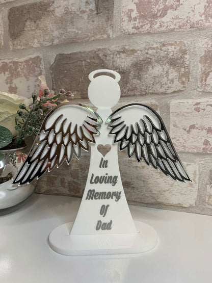 Freestanding remembrance angel with mirrored wings and display base