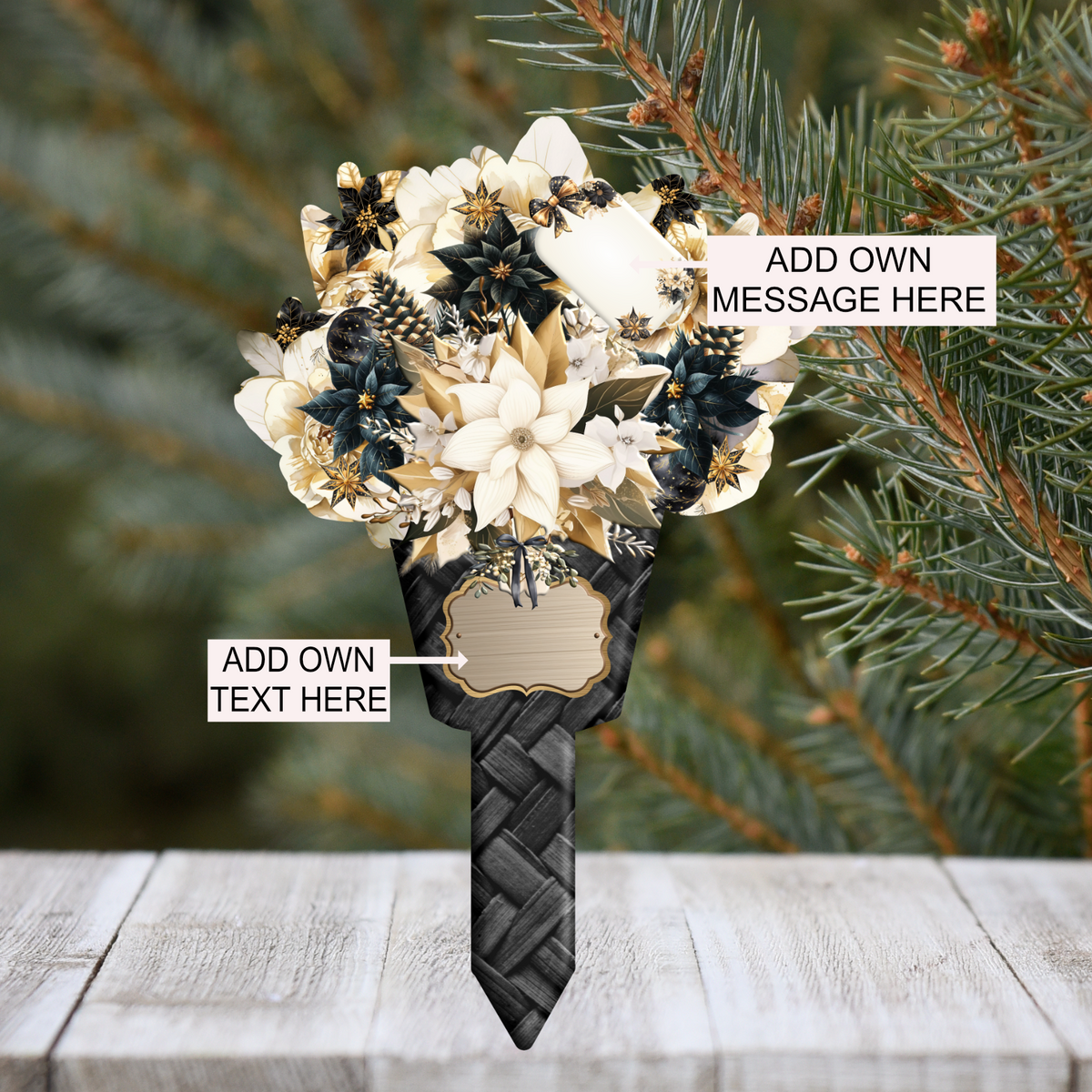 Gold Christmas memorial flower grave marker with personalised wording