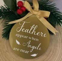Gold glitter feather memorial Christmas bauble
