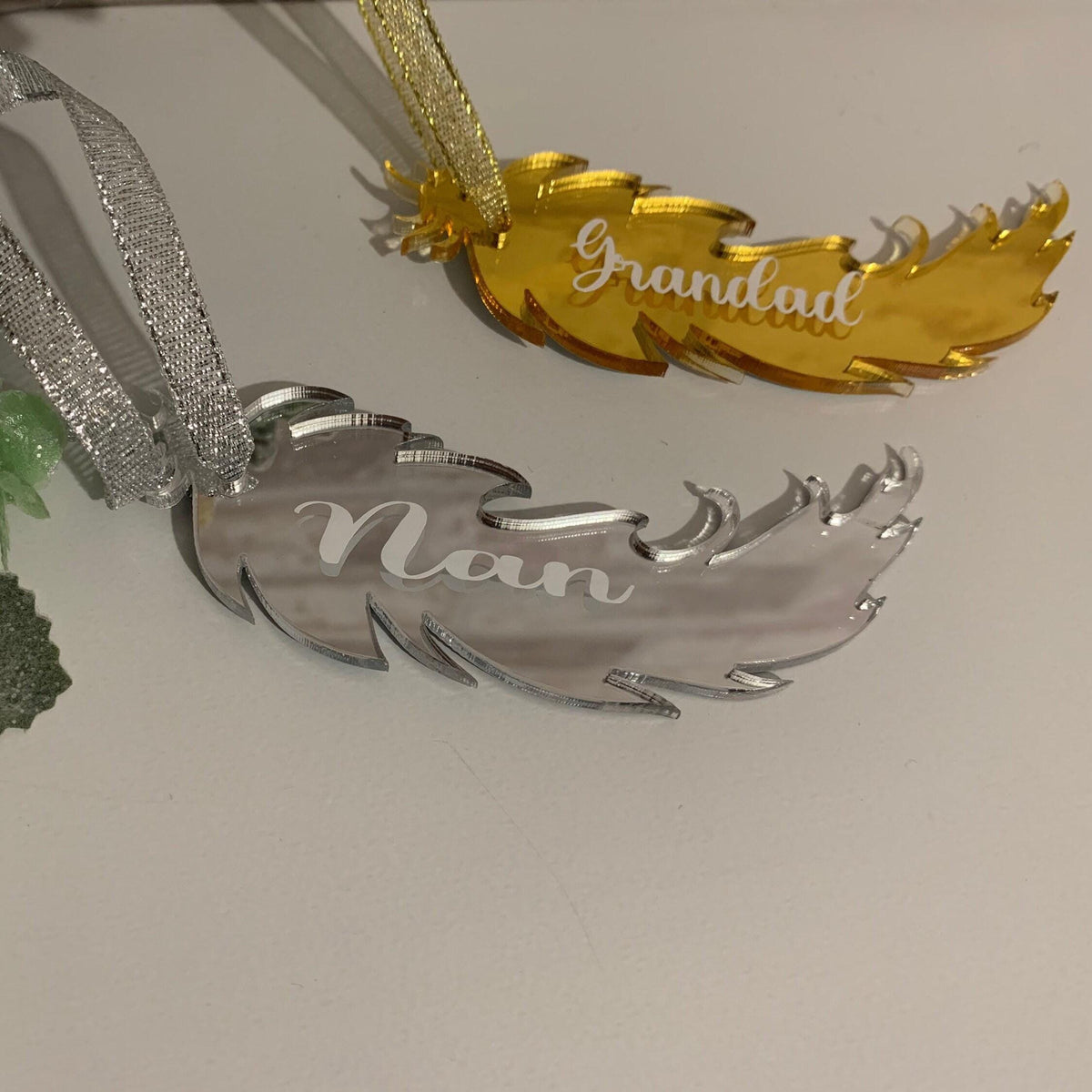 Gold personalised memorial feather hanging keepsake