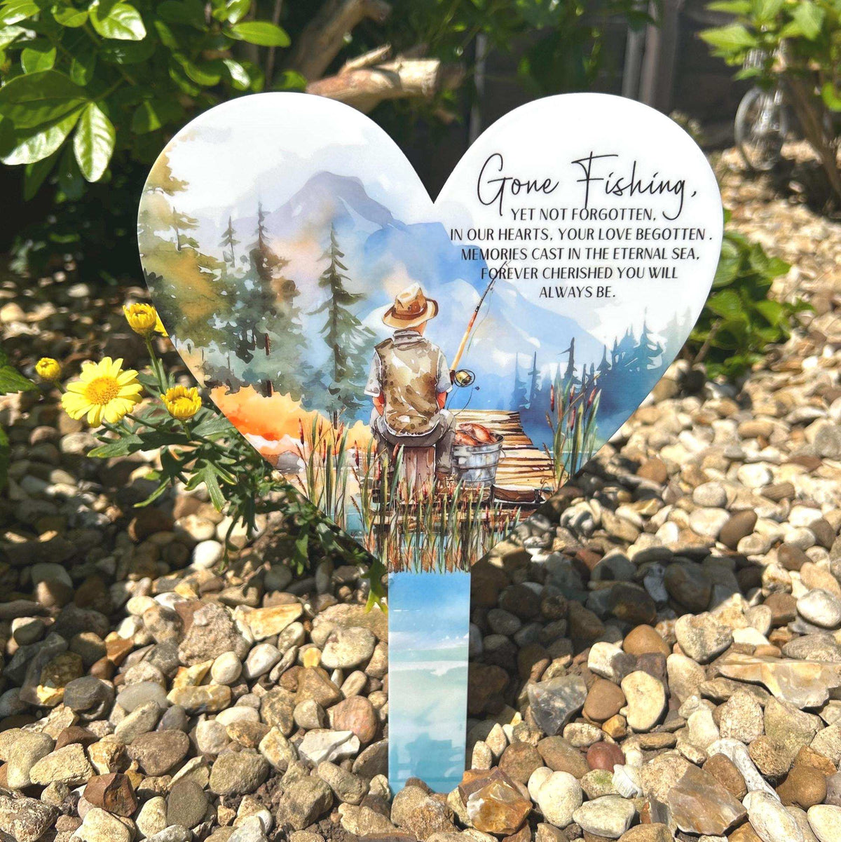 Gone Fishing heart memorial grave marker for someone who loved fishing