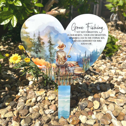 Gone Fishing heart memorial grave marker for someone who loved fishing