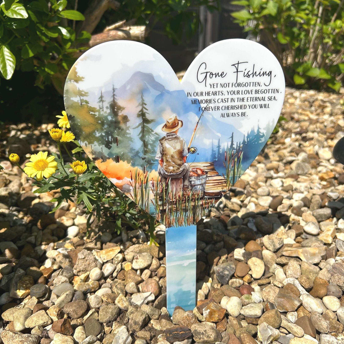 Gone Fishing remembrance heart marker with fishing-themed memorial design
