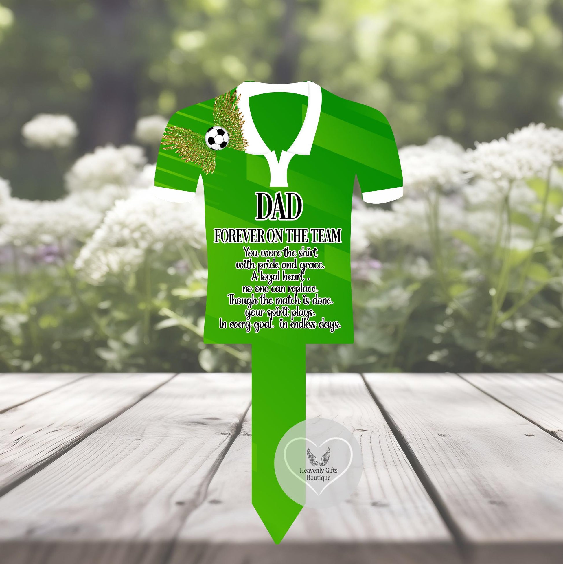 Green personalised football shirt memorial grave marker for Dad with remembrance poem