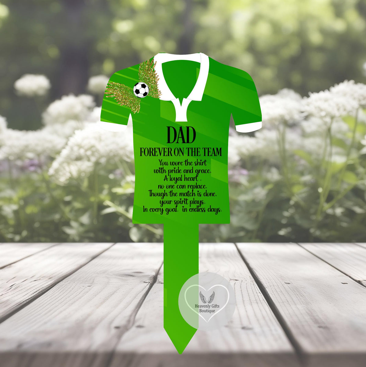 Green personalised football shirt memorial grave marker for Dad with remembrance poem